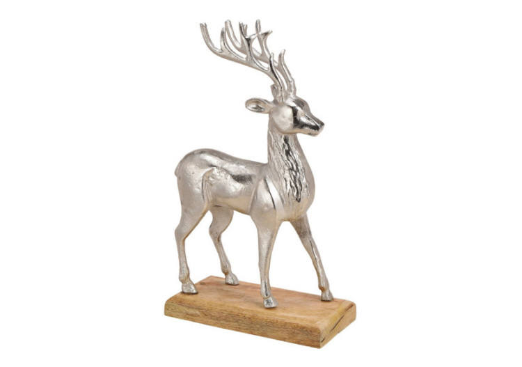 Hirsch en Métal sur Socle en Bois de Mangue - Argenté 28 x 47 x 10cm - 10028855 - WURM