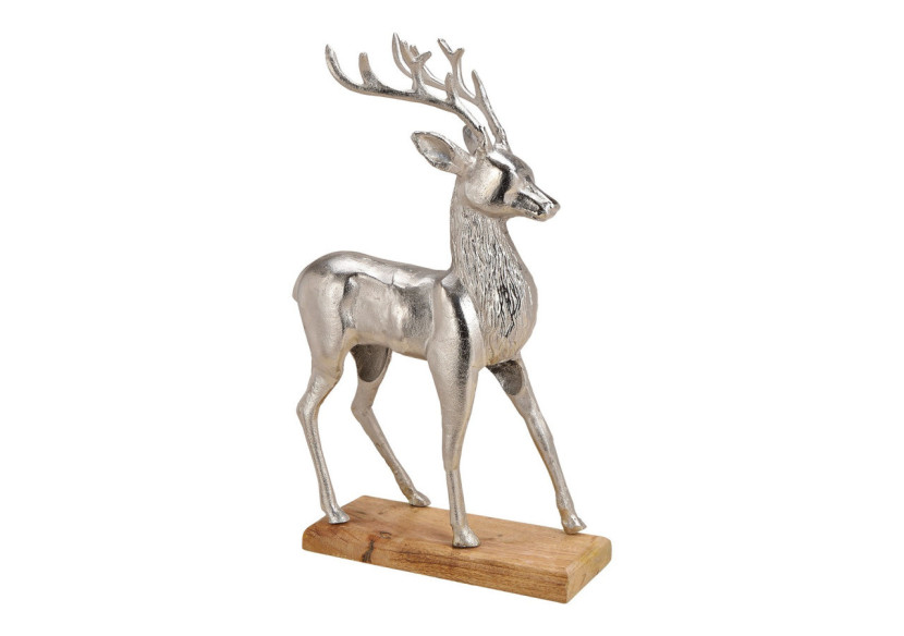 Hirsch en Métal sur Socle en Bois de Mangue - Argenté 36 x 61 x 16cm - 10028854 - WURM