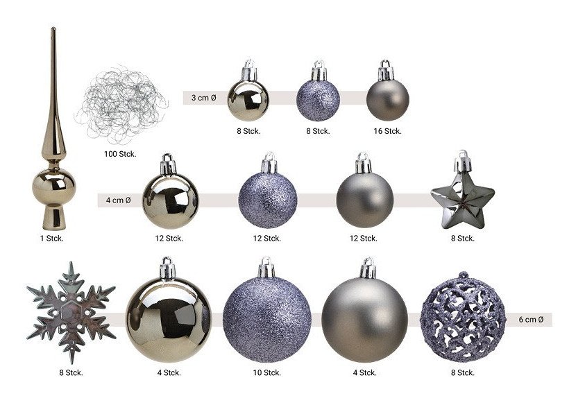 Boules de Noël en plastique - Set de 111 en gris, 3/4/6 cm - 10028714 - WURM