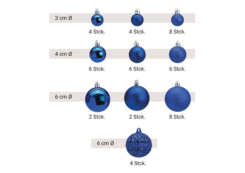 Boules de Noël en plastique - Set de 100 en bleu, 3/4/6 cm - 10028707 - WURM