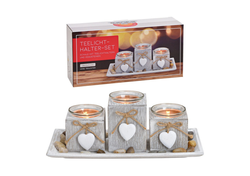 Bougeoirs en pin avec pendentif cœur - Set de 3 en verre blanc 28 x 13 x 11 cm - 10028482 - WURM