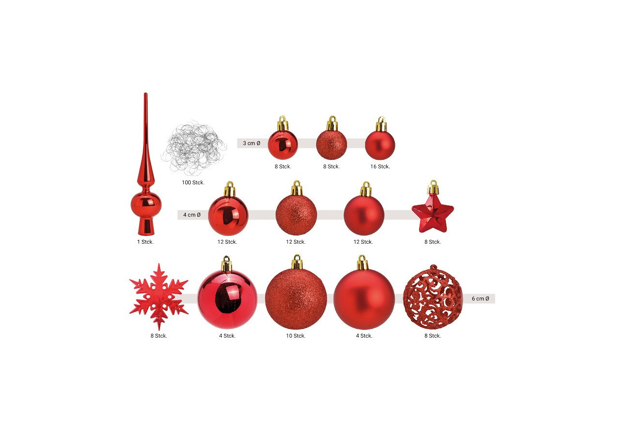 Ornements de Noël en plastique - 111 pièces Rouges 3/4/6cm - 10028473 - WURM