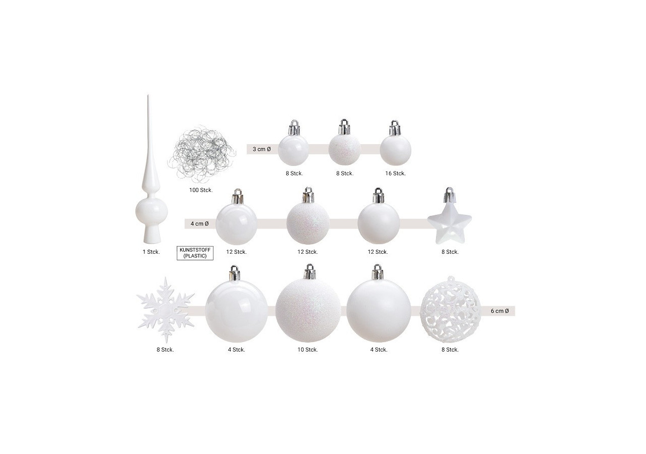 Ornements de Noël en plastique - 111 pièces Blanches 3/4/6cm - 10028470 - WURM