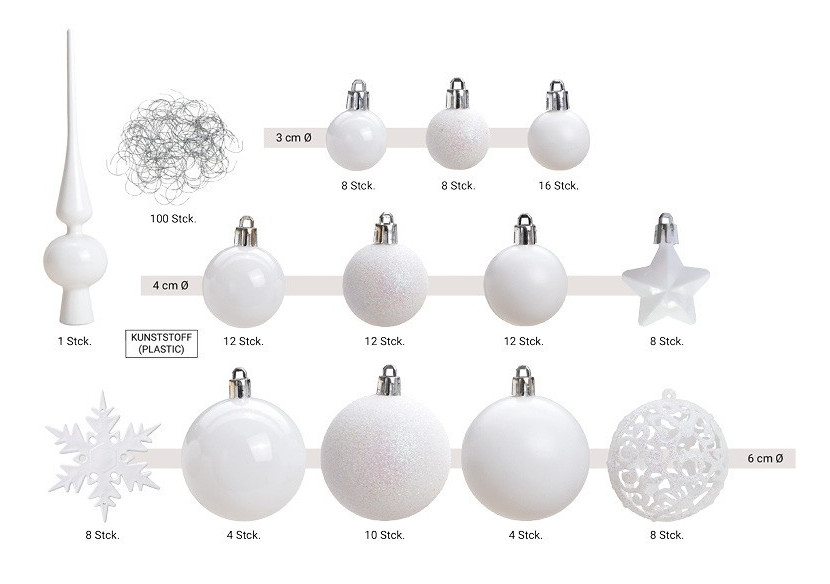 Ornements de Noël en plastique - 111 pièces Blanches 3/4/6cm - 10028470 - WURM Ornements de Noël en plastique - 111 pièces Blanches 3/4/6cm - 10028470 - WURM
