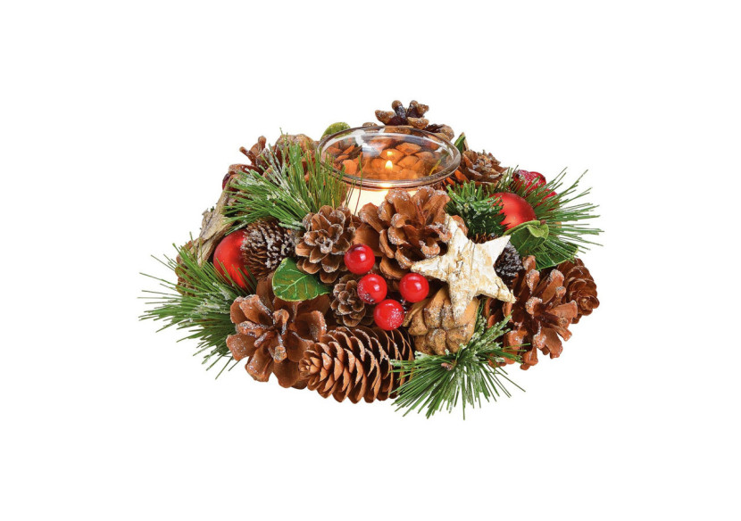 Lanterne en Forme de Couronne de Noël - Verre, Bois et Plastique 17x10x17cm - 10027334 - WURM