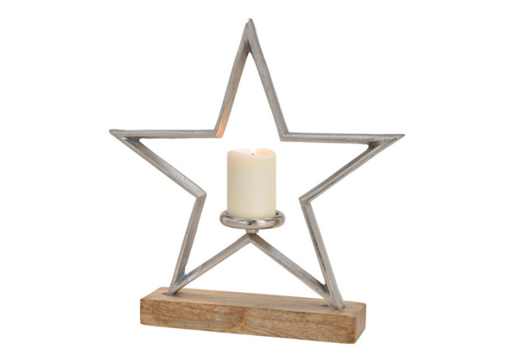 Bougeoir Étoile en Métal - Socle en Bois de Mangue Argenté 42x43x8cm - 10026166 - WURM