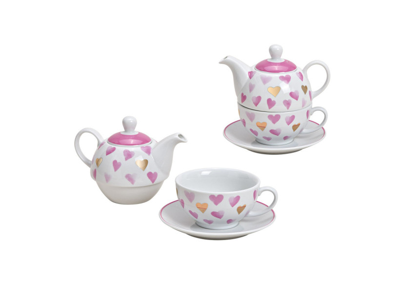 Ensemble de théière cœur en porcelaine - 3 pièces, décor blanc, rose et or, contenance 400ml/200ml - 10025715 - WURM