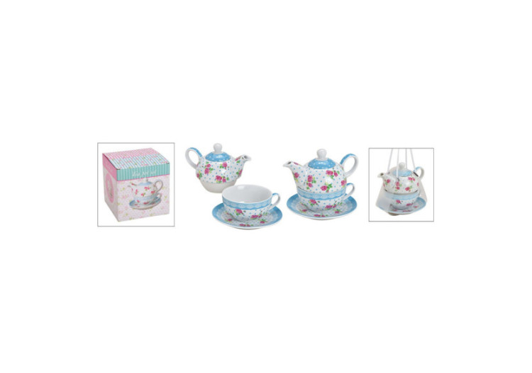 Set de Théière en Porcelaine Décor Roses - 3 pièces Bleu - 10025589 - WURM