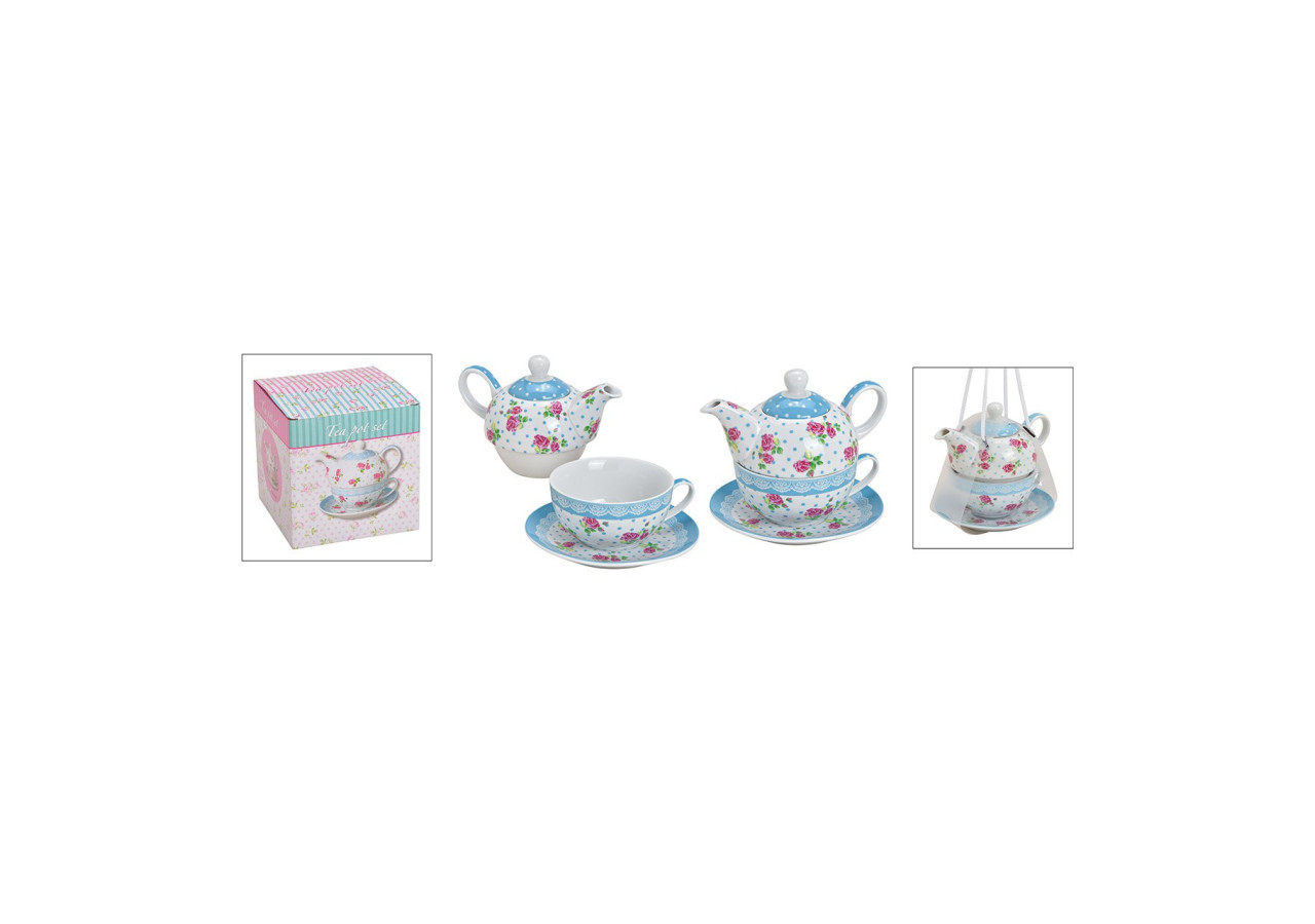 Set de Théière en Porcelaine Décor Roses - 3 pièces Bleu - 10025589 - WURM