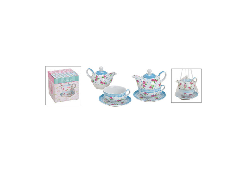 Set de Théière en Porcelaine Décor Roses - 3 pièces Bleu - 10025589 - WURM