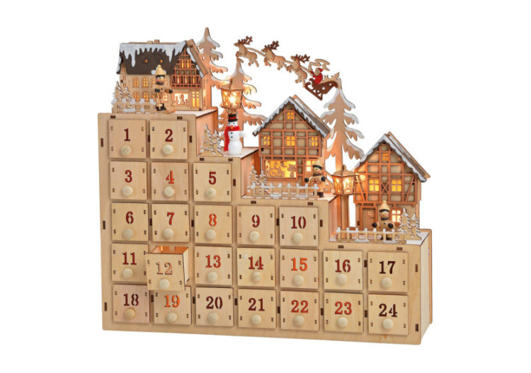 Calendrier de l'Avent Scène Hivernale Illuminée en Bois - 38x34x10cm - 10025436 - WURM