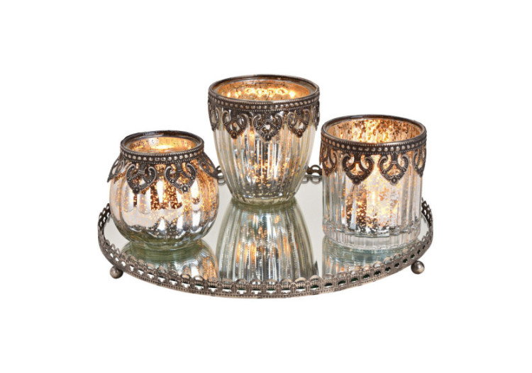 Set de Lanternes sur Plateau Miroir - Métal Argent, 4 pièces (25x9x25cm) - 10025303 - WURM