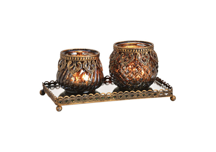 Set de Lanternes sur Plateau Miroir - Métal Noir et Or, 3 pièces (20x9x10cm) - 10025302 - WURM