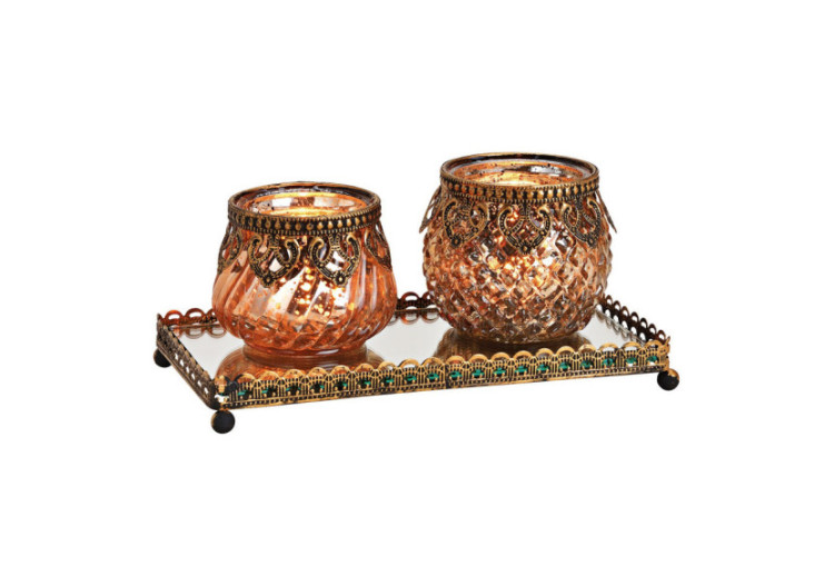 Set de Lanternes sur Plateau Miroir - Métal Champagne, 3 pièces (20x9x10cm) - 10025301 - WURM