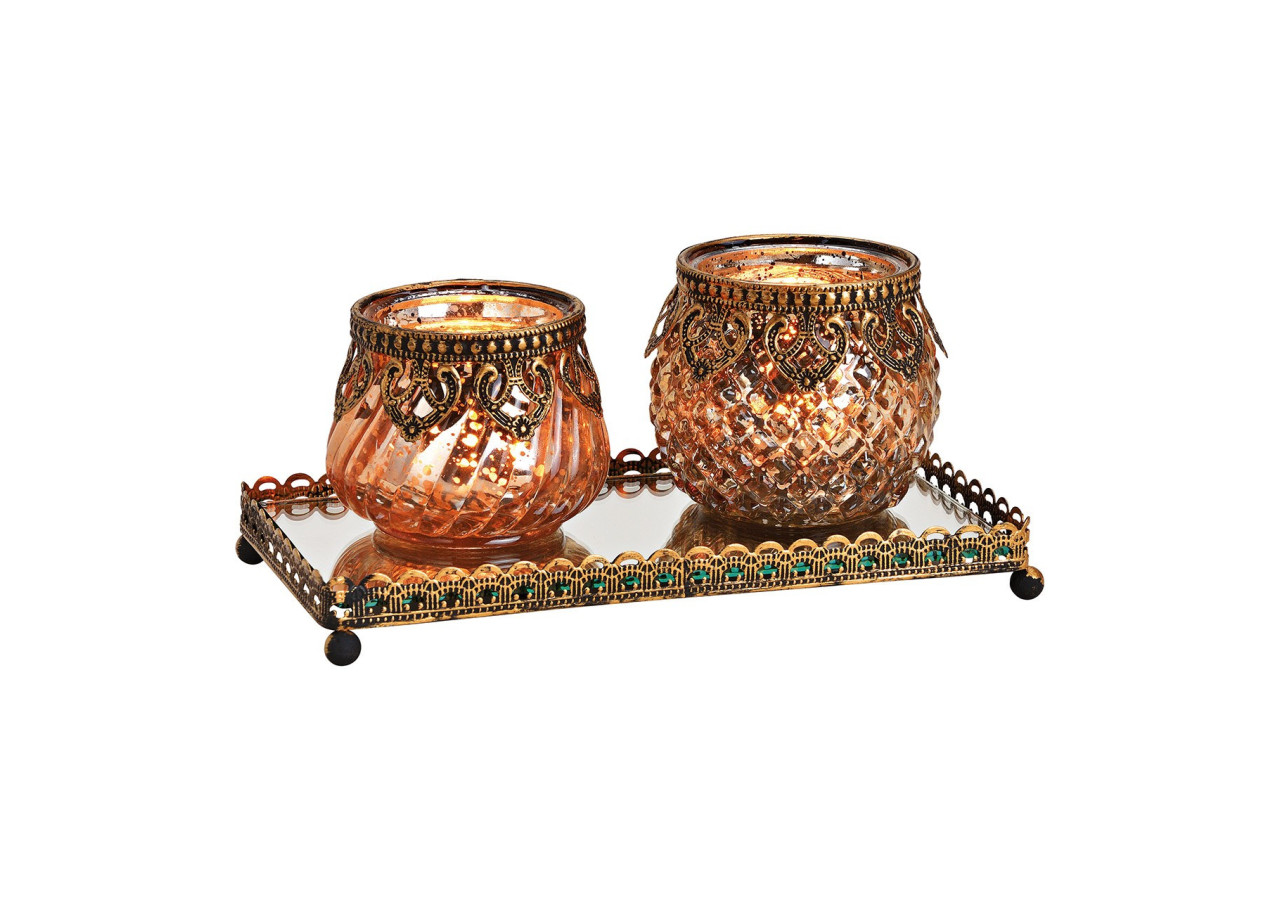 Set de Lanternes sur Plateau Miroir - Métal Champagne, 3 pièces (20x9x10cm) - 10025301 - WURM