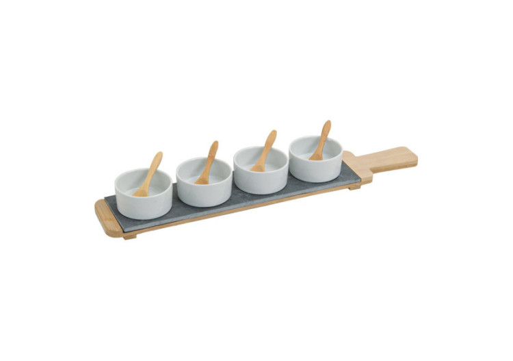 Set de petites assiettes - 9 pièces en porcelaine et ardoise sur plateau en bambou - 10024729 - WURM