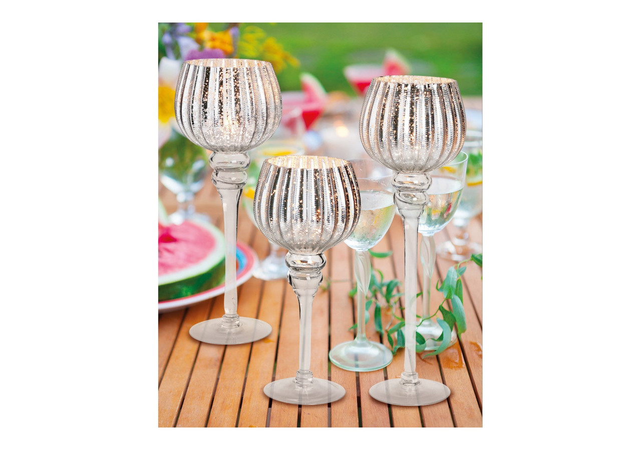 Ensemble de Photophores en Verre Argenté - 3 tailles : 30, 35, 40 cm x 13 cm - 10022120 - WURM