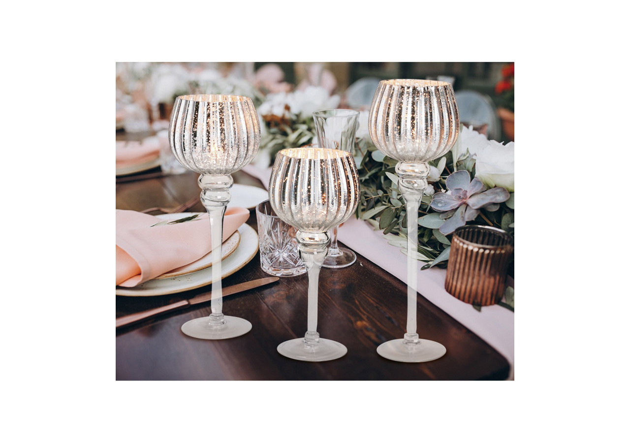 Ensemble de Photophores en Verre Argenté - 3 tailles : 30, 35, 40 cm x 13 cm - 10022120 - WURM