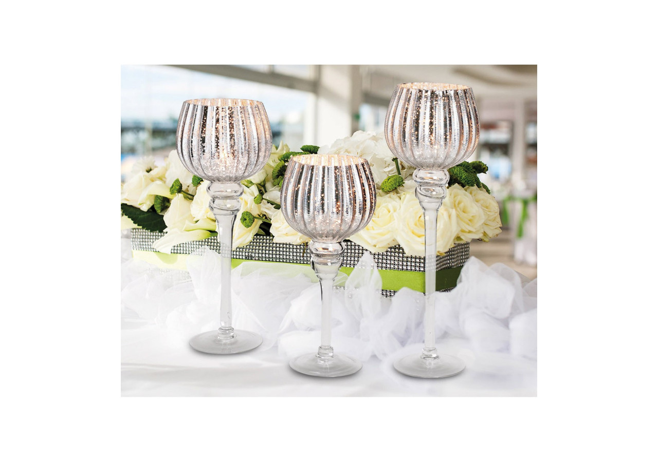 Ensemble de Photophores en Verre Argenté - 3 tailles : 30, 35, 40 cm x 13 cm - 10022120 - WURM