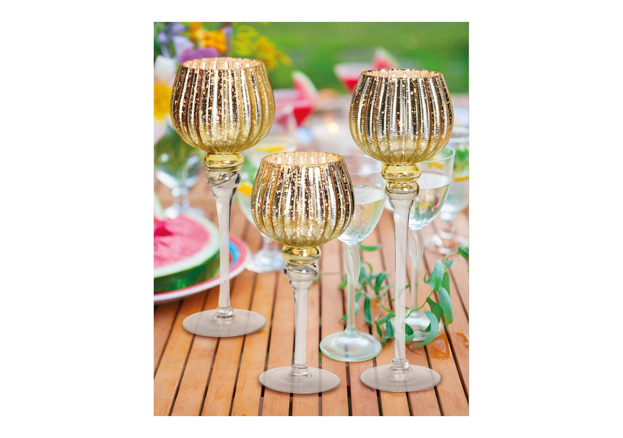 Set de Bougies en Verre Doré - Design Ridé, 3 pièces de 30 à 40cm - 10022119 - WURM