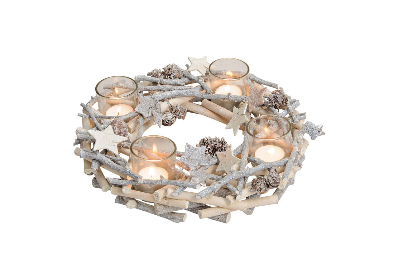 Couronne de l'Avent en bois et verre - 4 bougies, 30 x 10 x 30 cm - 10015978 - WURM