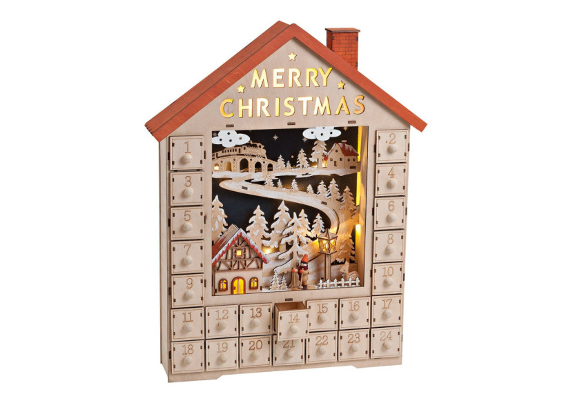Calendrier de l'Avent Maison en bois - Avec éclairage, 38 x 49 x 9 cm - 10015329 - WURM