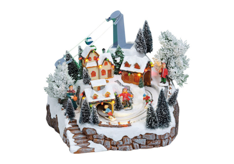 Scène Hivernale avec Téléphérique - Lumière, Musique et Skieurs (24x25x23 cm) - 10014096 - WURM