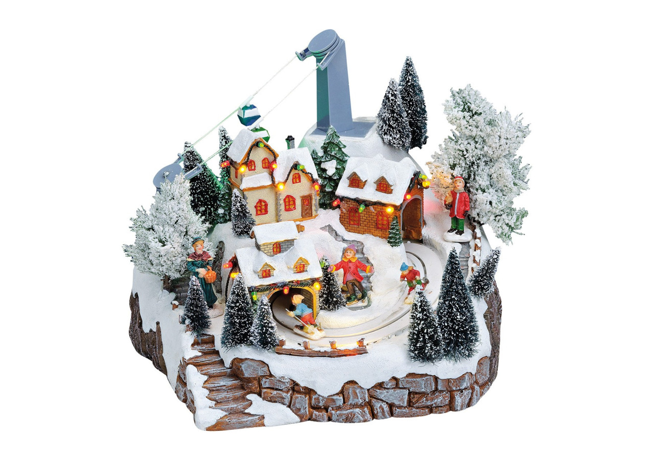 Scène Hivernale avec Téléphérique - Lumière, Musique et Skieurs (24x25x23 cm) - 10014096 - WURM