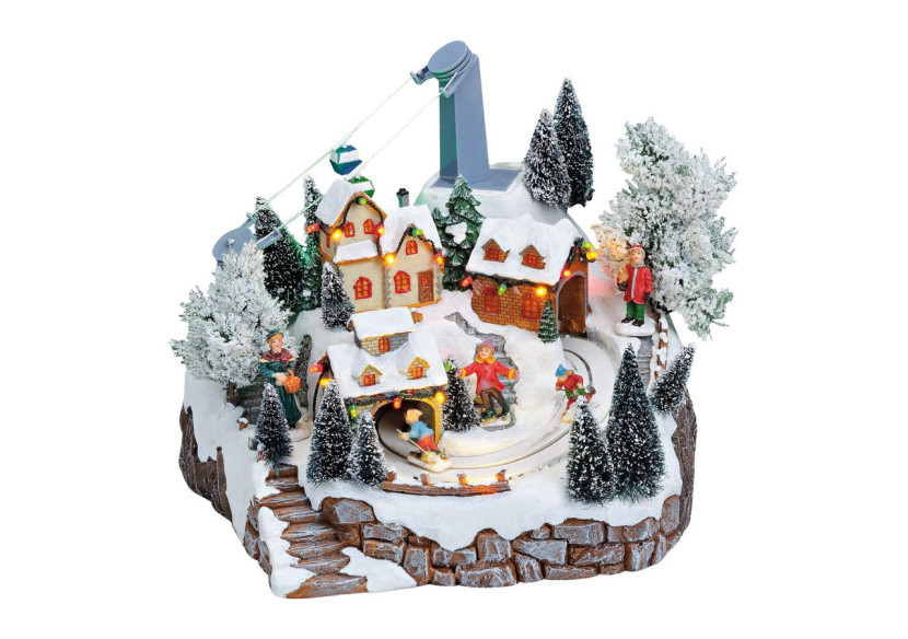 Scène Hivernale avec Téléphérique - Lumière, Musique et Skieurs (24x25x23 cm) - 10014096 - WURM