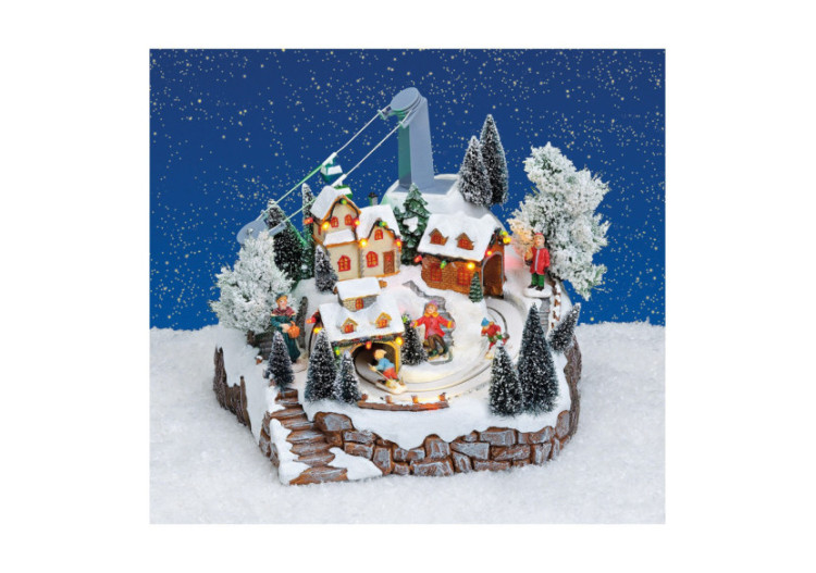 Scène Hivernale avec Téléphérique - Lumière, Musique et Skieurs (24x25x23 cm) - 10014096 - WURM 2