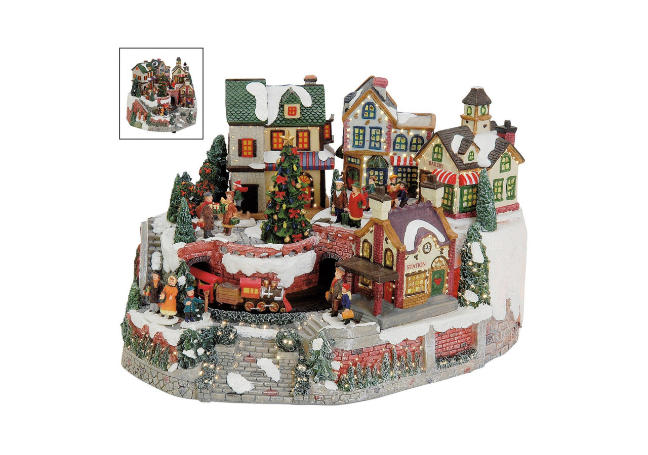 Scène de Village d'Hiver - Décoration Lumineuse avec Train Mobile 34x24x22cm - 10012715 - WURM