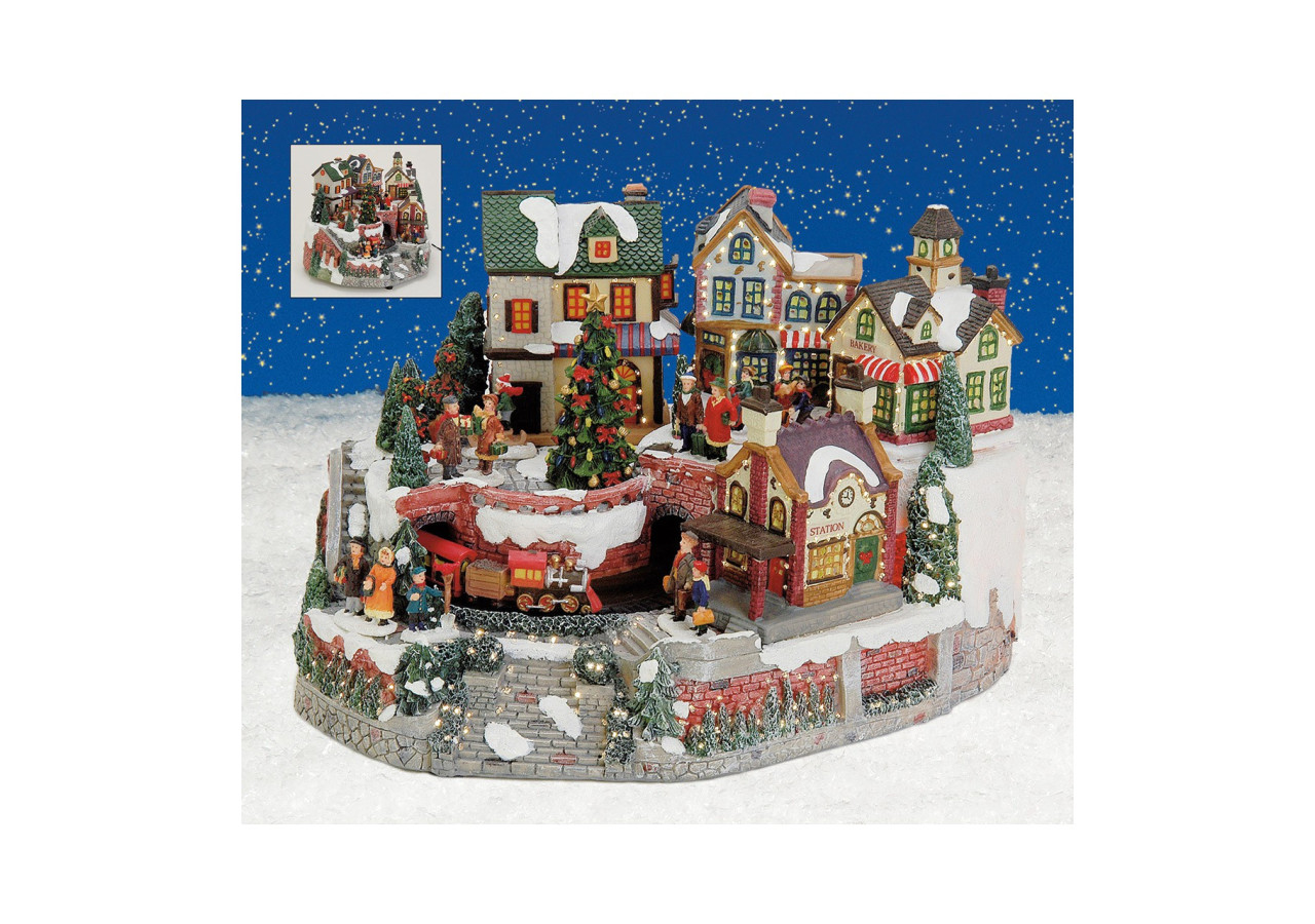 Scène de Village d'Hiver - Décoration Lumineuse avec Train Mobile 34x24x22cm - 10012715 - WURM