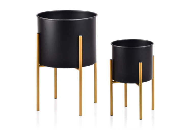 Ensemble de 2 pots métalliques sur support - Dimensions L: Ø29xH45cm, M: Ø21xH36cm - HTOP6532-PROM - Mondex