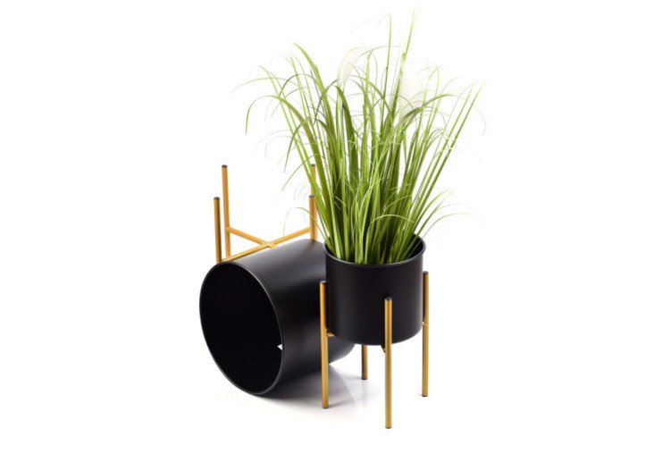 Ensemble de 2 pots métalliques sur support - Dimensions L: Ø29xH45cm, M: Ø21xH36cm - HTOP6532-PROM - Mondex 2