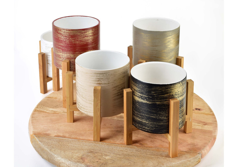 Cache-pot AVA - 12,5x12,5xH:11,7cm sur support gris et or - HTYE0474 - Mondex