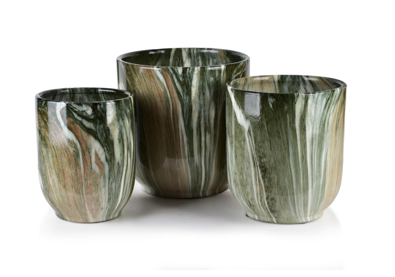 Ensemble de 3 pots NEVA MARBLE - Dimensions 29x29x30cm, 24x24x27cm, 19x19x25cm - HTYE4403 - Mondex