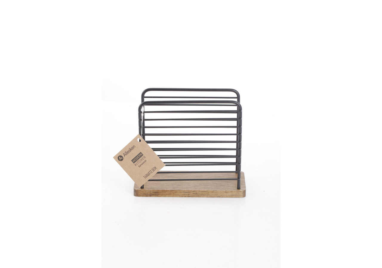 Porte-serviettes MODERN KITCHEN - Métal noir et bois de caoutchouc 14x6x12,5cm - HTXD0377 - Allesken