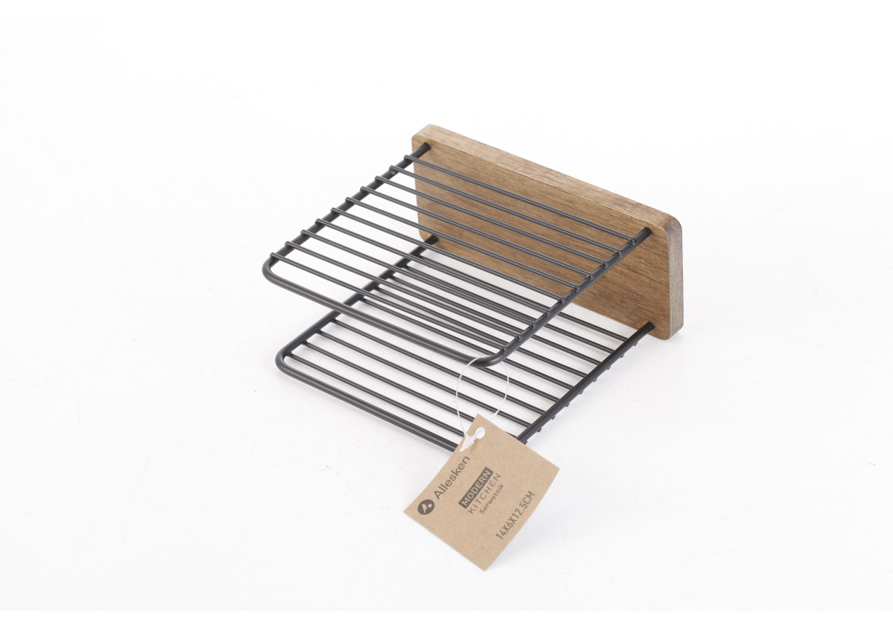 Porte-serviettes MODERN KITCHEN - Métal noir et bois de caoutchouc 14x6x12,5cm - HTXD0377 - Allesken