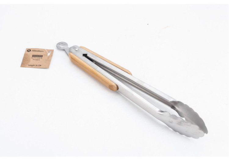 Pinces MODERN KITCHEN - Acier inoxydable 34 cm avec poignées en bambou - HTXD0421 - Allesken