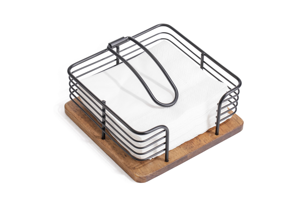 Porte-serviettes MODERN KITCHEN - Métal noir et bois de caoutchouc 19x19x7cm - HTXD0384 - Allesken