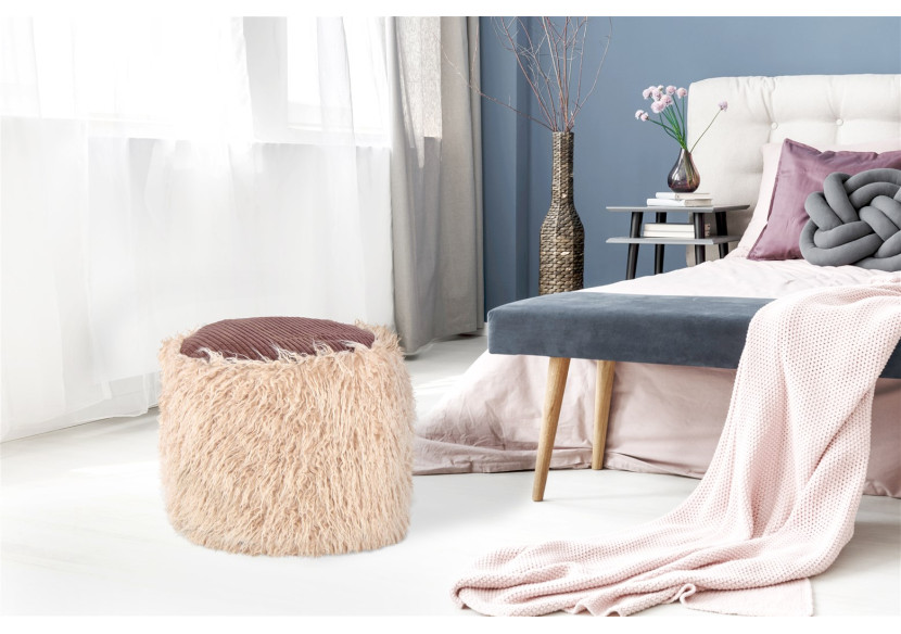Pouf en fausse fourrure Bobtail 100 - Beige et marron avec assise en cord - K29WA - Kayoom