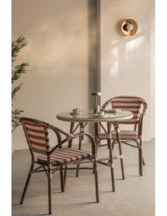Ensemble table ronde Ø80 cm Brielle Bistro et 2 chaises avec accoudoirs en rotin synthétique et aluminium Solange Bistro