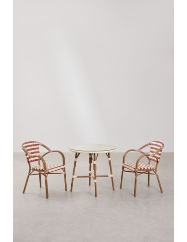 Ensemble table ronde Ø80 cm Brielle Bistro et 2 chaises avec accoudoirs en rotin synthétique et aluminium Solange Bistro