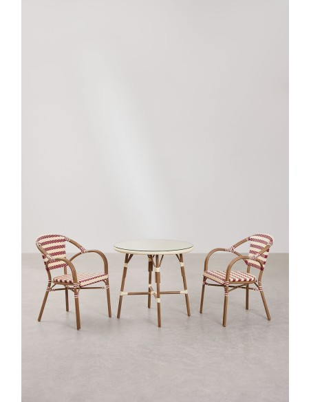 Ensemble table ronde Ø80 cm Brielle Bistro et 2 chaises avec accoudoirs en rotin synthétique et aluminium Solange Bistro