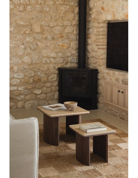 Ensemble de 2 tables d'appoint carrées en travertin et bois d'acacia Casilda - Sklum