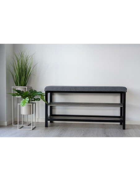 Banc PADOVA - Banc gris et noir avec coussin et deux étagères - 1401090 - House Nordic