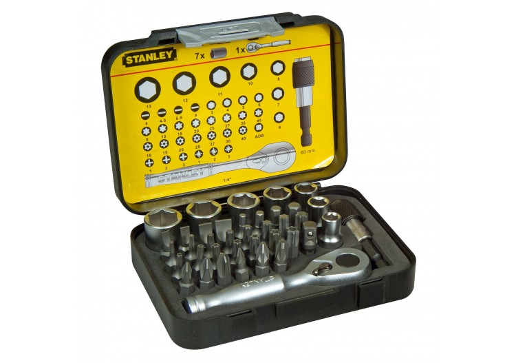 COFFRET D'EMBOUTS DE VISSAGE 1/4" 25MM + CLÉ A CLIQUET - JEU DE
 39 PCS - GAMME PRO - 1-13-906 - Stanley