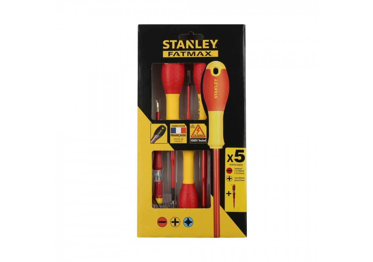 JEU DE 5 TOURNEVIS SLIM ISOLES 1000V FATMAX ELEC 3.5X75 - 5.5X150 - PH1 X100 - PH2 X 125 - TESTEUR - XTHT0-62692 - Stanley