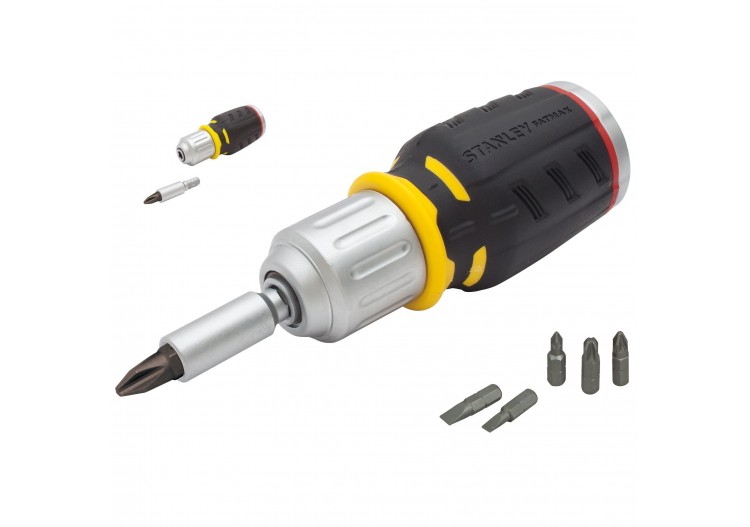 BABY TOURNEVIS PORTE-EMBOUTS BOULE A CLIQUET+ 6 EMBOUTS FENTE 5, 6.5MM / PH1, PH2 / PZ1, PZ2
 + RATELIER - FMHT0-62688 - Stanley