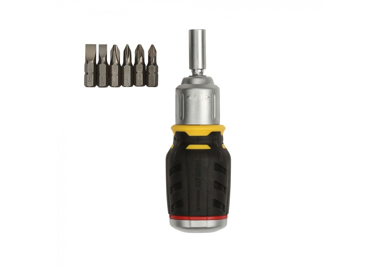BABY TOURNEVIS PORTE-EMBOUTS BOULE A CLIQUET+ 6 EMBOUTS FENTE 5, 6.5MM / PH1, PH2 / PZ1, PZ2
 + RATELIER - FMHT0-62688 - Stanley